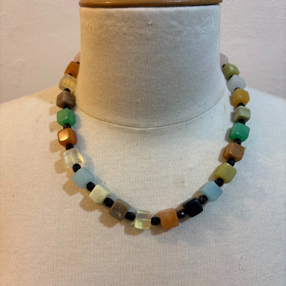 Vintage 90s signed Ann Peden gemstone cube bead necklace